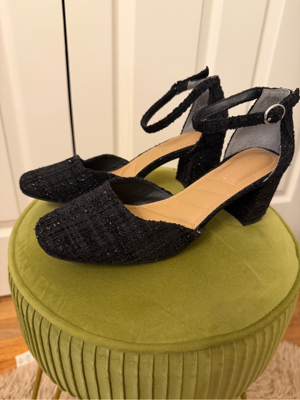 Kelly & Katie Black Tweed Ankle-Strap Block Heels